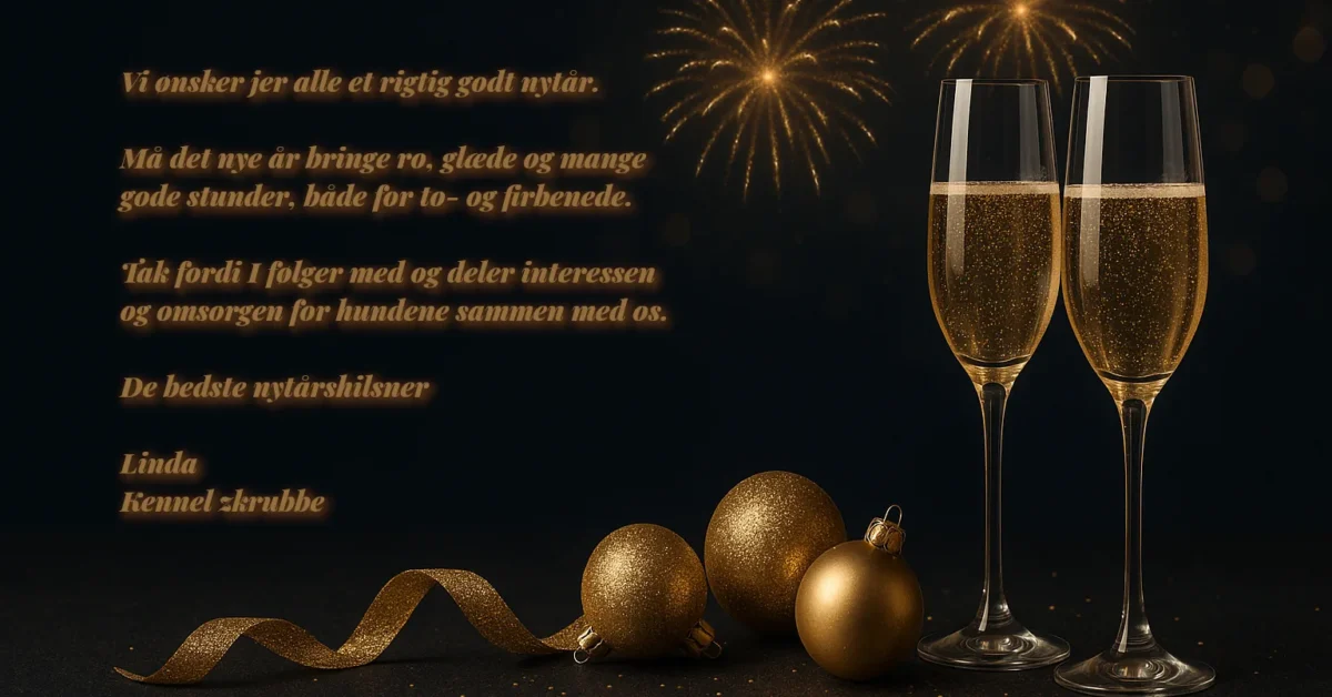 Nytårskort med champagneglas, gyldent nytårspynt og fyrværkeri samt nytårshilsen fra Kennel Zkrubbe