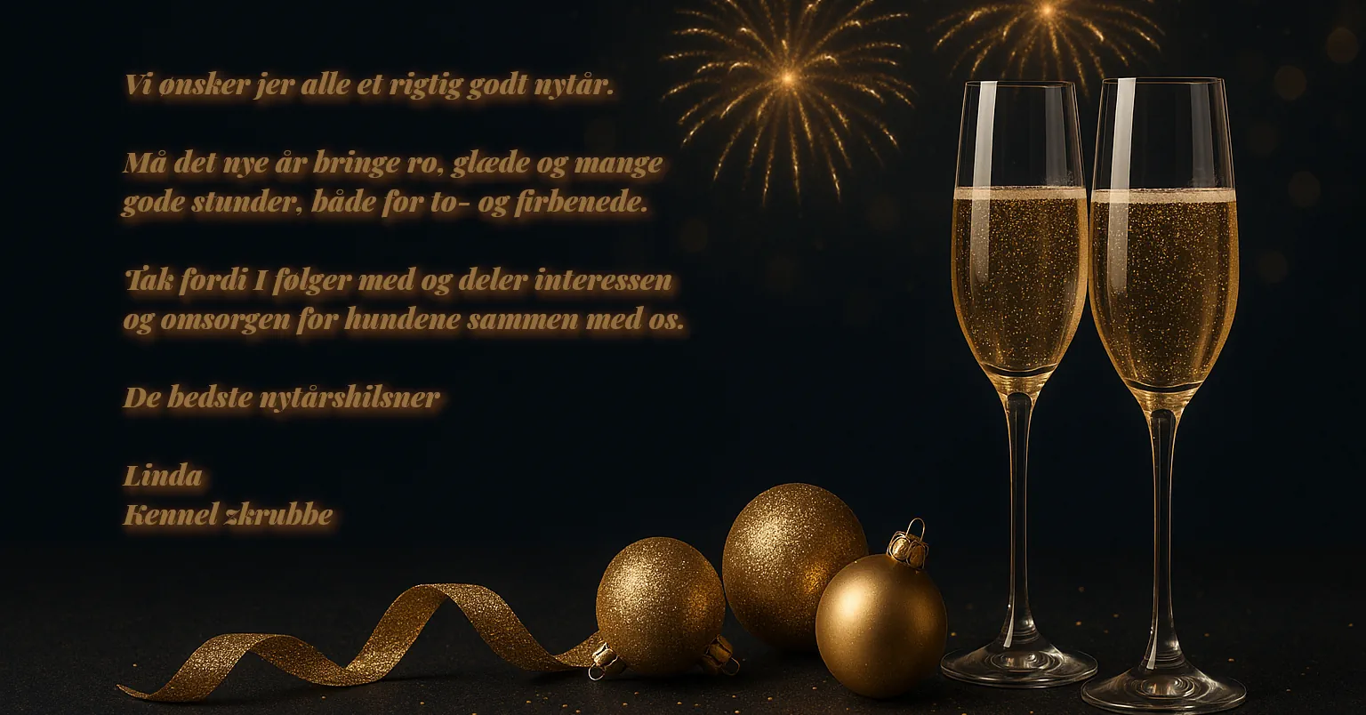 Nytårskort med champagneglas, gyldent nytårspynt og fyrværkeri samt nytårshilsen fra Kennel Zkrubbe